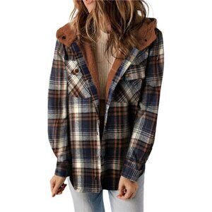 Womens Plaid Shacket Jacket Long Sleeve Button Down Fleece Hooded